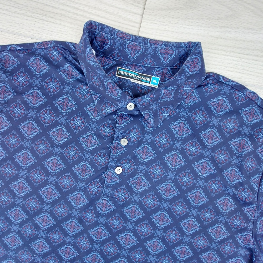 Roundtree & Yorke Performance Golf Polo Mens XL Blue Geometric Medallion Stretch